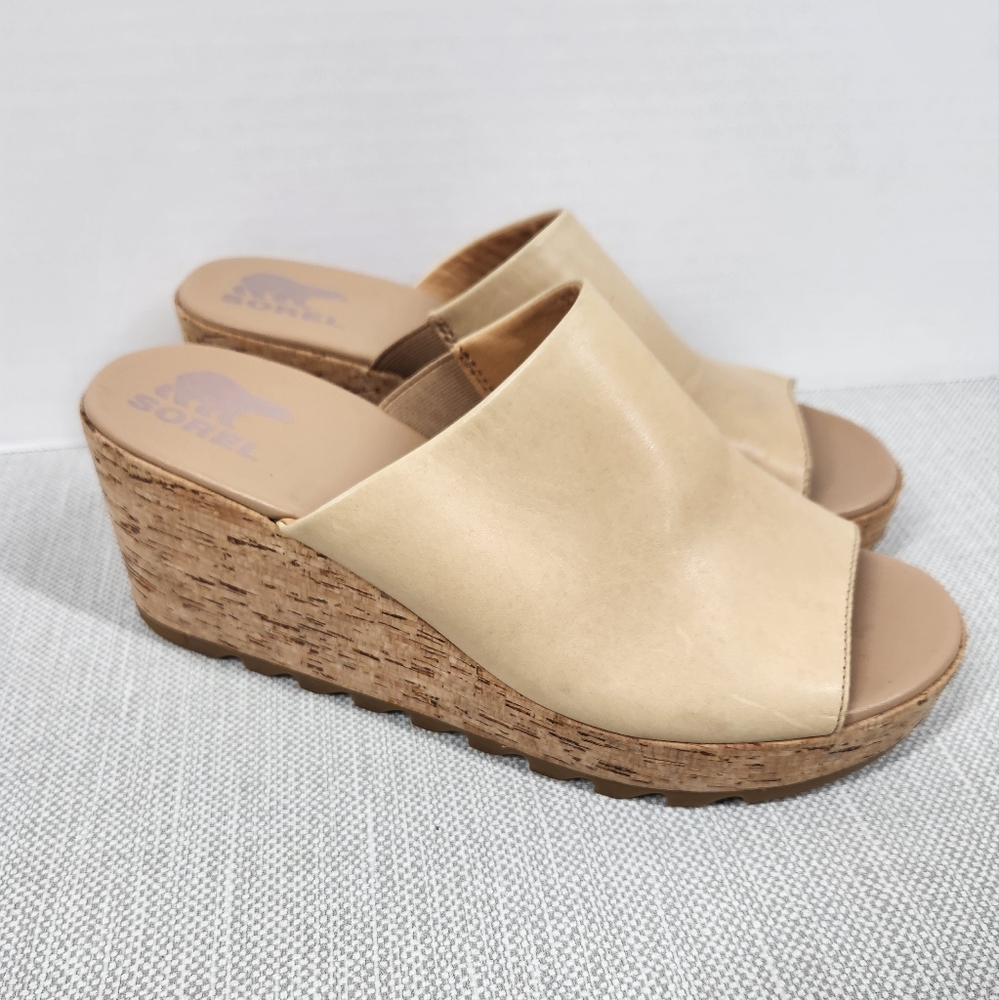 Sorel Cameron Size 10 Wedge Heel Sandals Tan Leather Slip On Open Toe